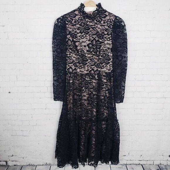 Eliza J Black Lace Dress Size 2 High Neck Tiered Whimsigoth Witchy Core Romantic - Picture 1 of 8